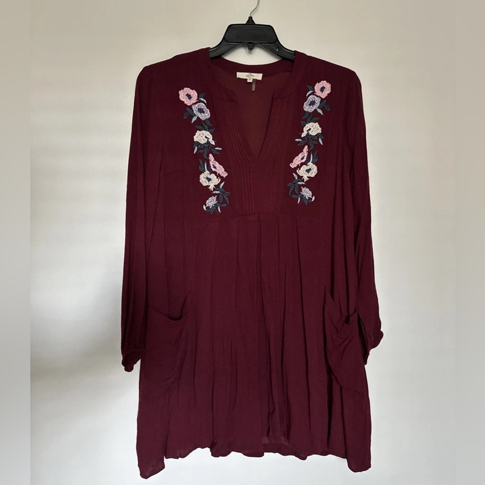 ENTRO Dress Women Size M Tunic Floral Embroidered / Pockets Long sleeve Midi